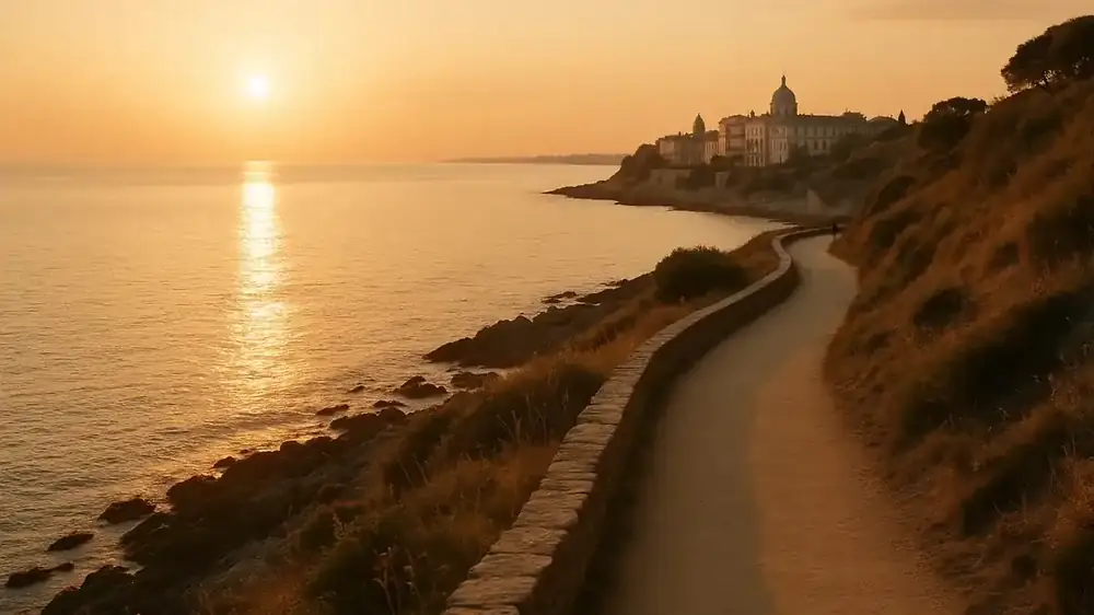 A serene coastal cliff walk at sunset with a distant elegant coastal town and calm sea