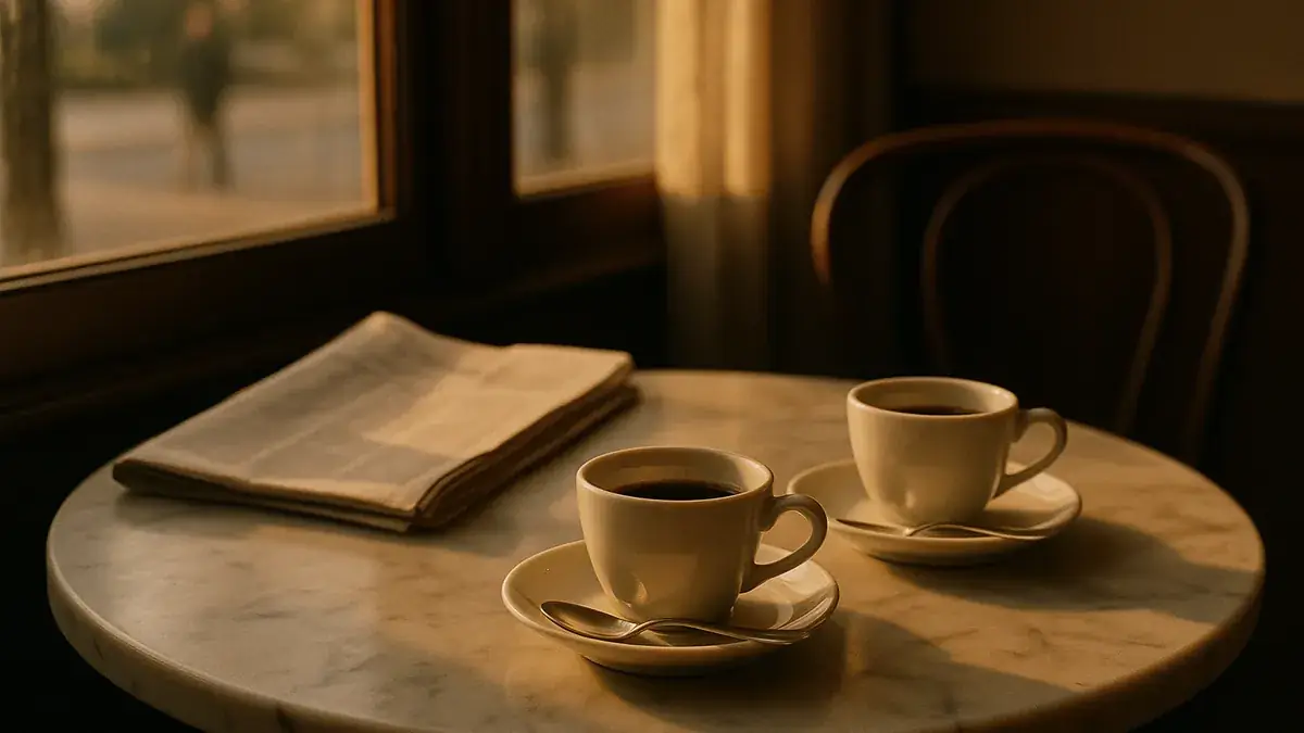 Two espresso cups on a marble cafe table by a sunlit window with a folded newspaper