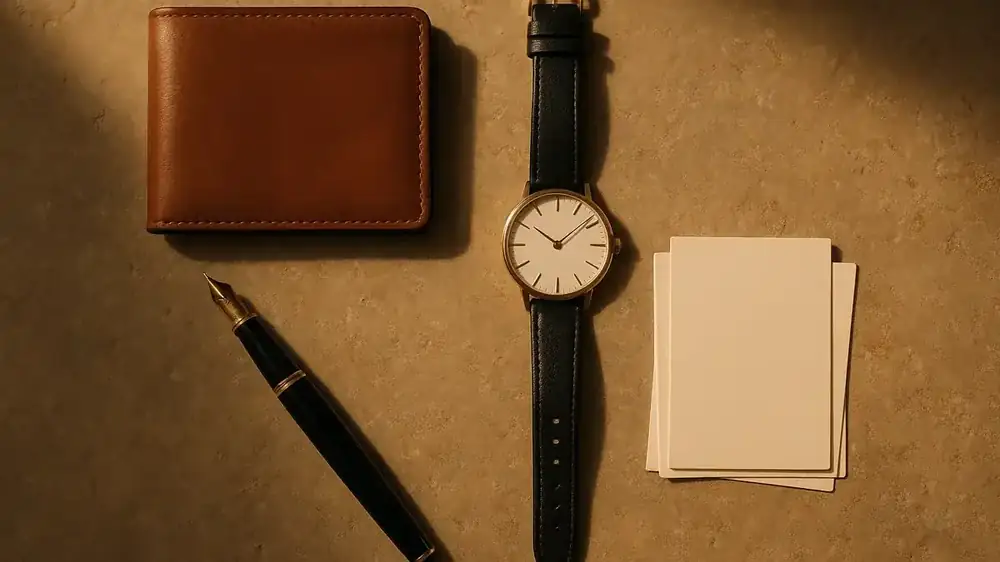 A leather wallet, a minimalist watch and a fountain pen on stone, suggesting the cost of dating