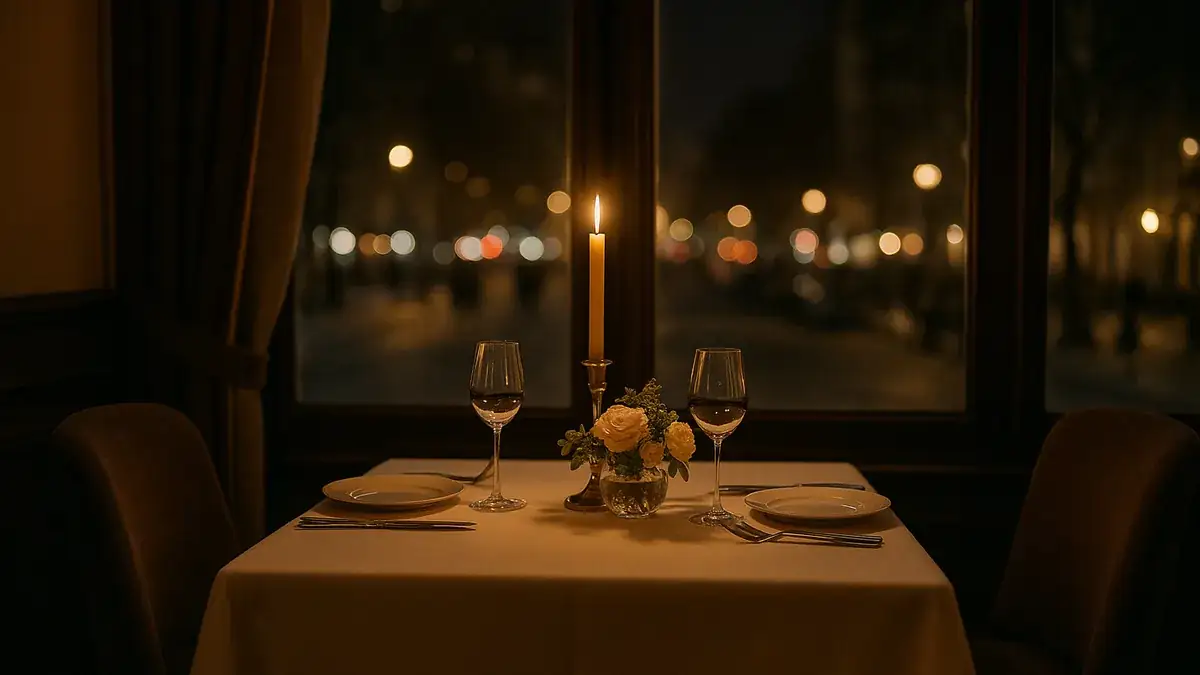 A candlelit fine-dining table for two by a tall window with blurred city lights outside