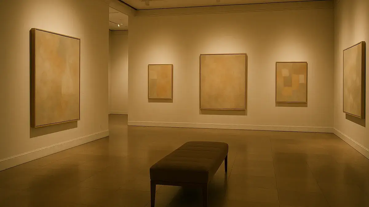 A quiet upscale art gallery interior with soft lighting and framed abstract canvases