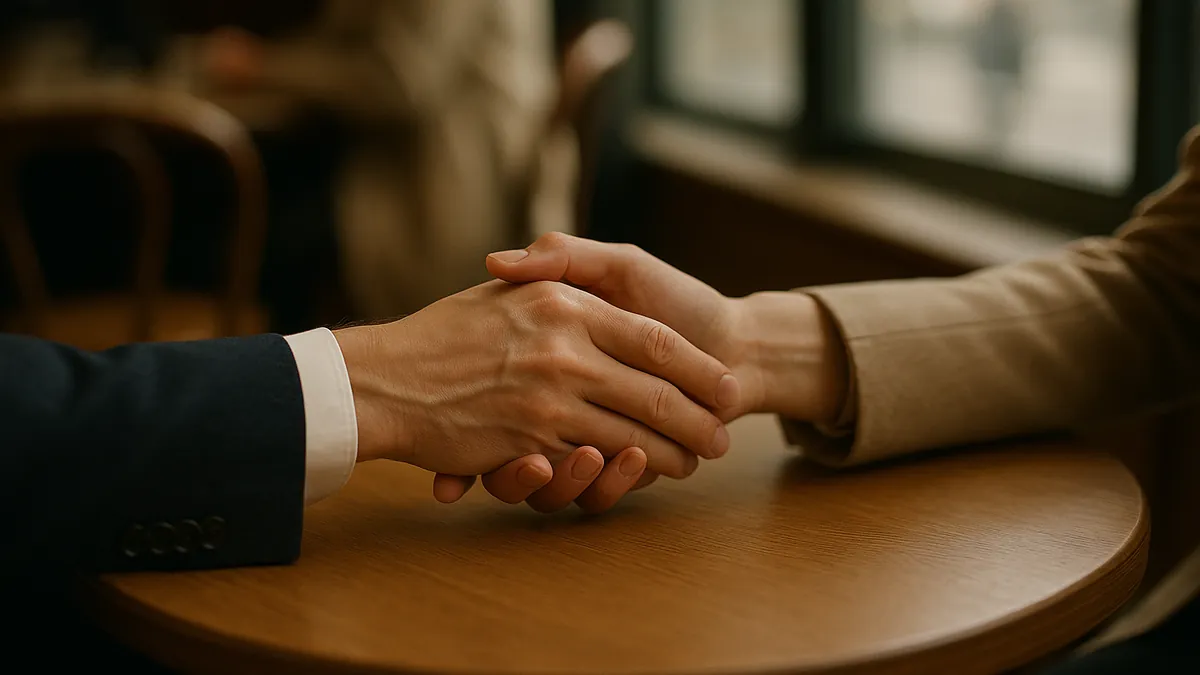 Two people's hands meeting in a warm gesture across a cafe table, elegant sleeves, no faces