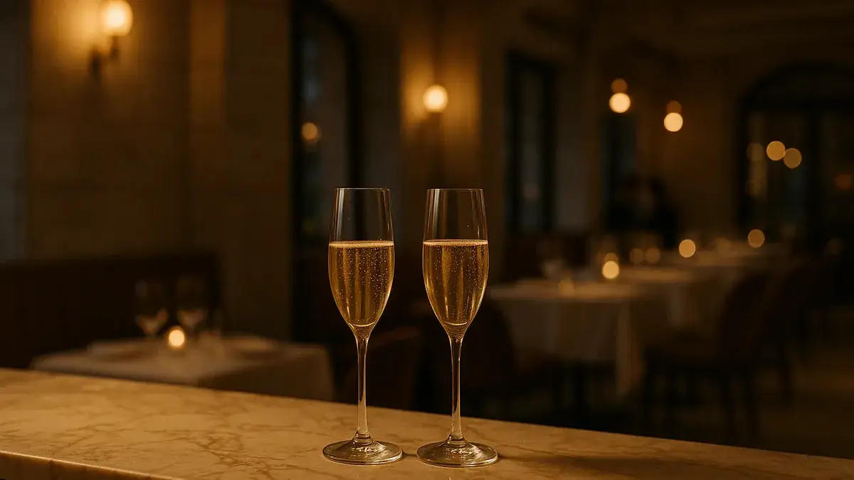 Two champagne glasses on a marble bar in a warmly lit upscale setting at dusk