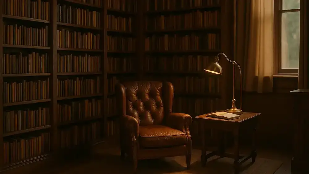 A warm private study with floor-to-ceiling wooden bookshelves, a leather armchair and a brass reading lamp