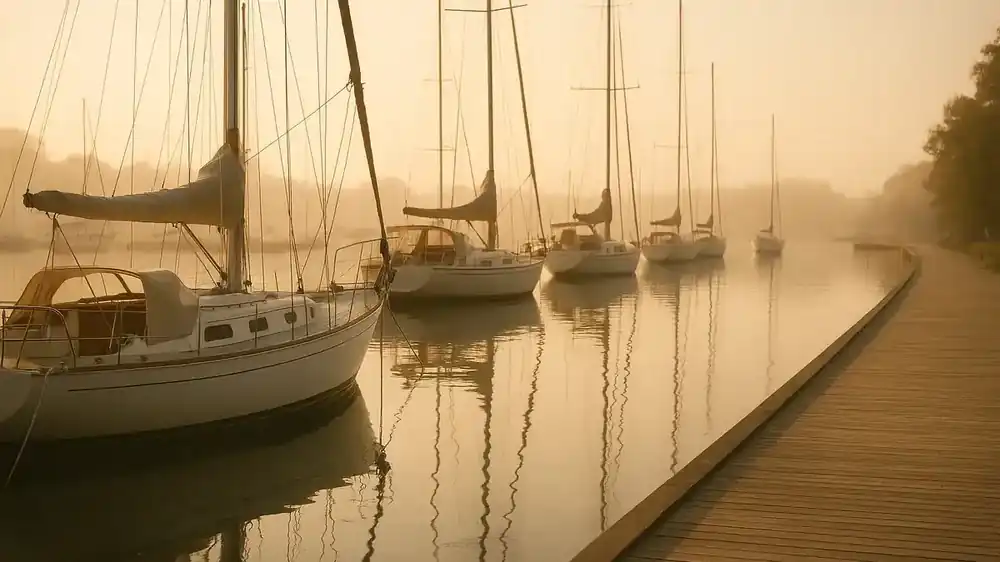A quiet upscale marina at golden hour with moored sailing yachts and still water