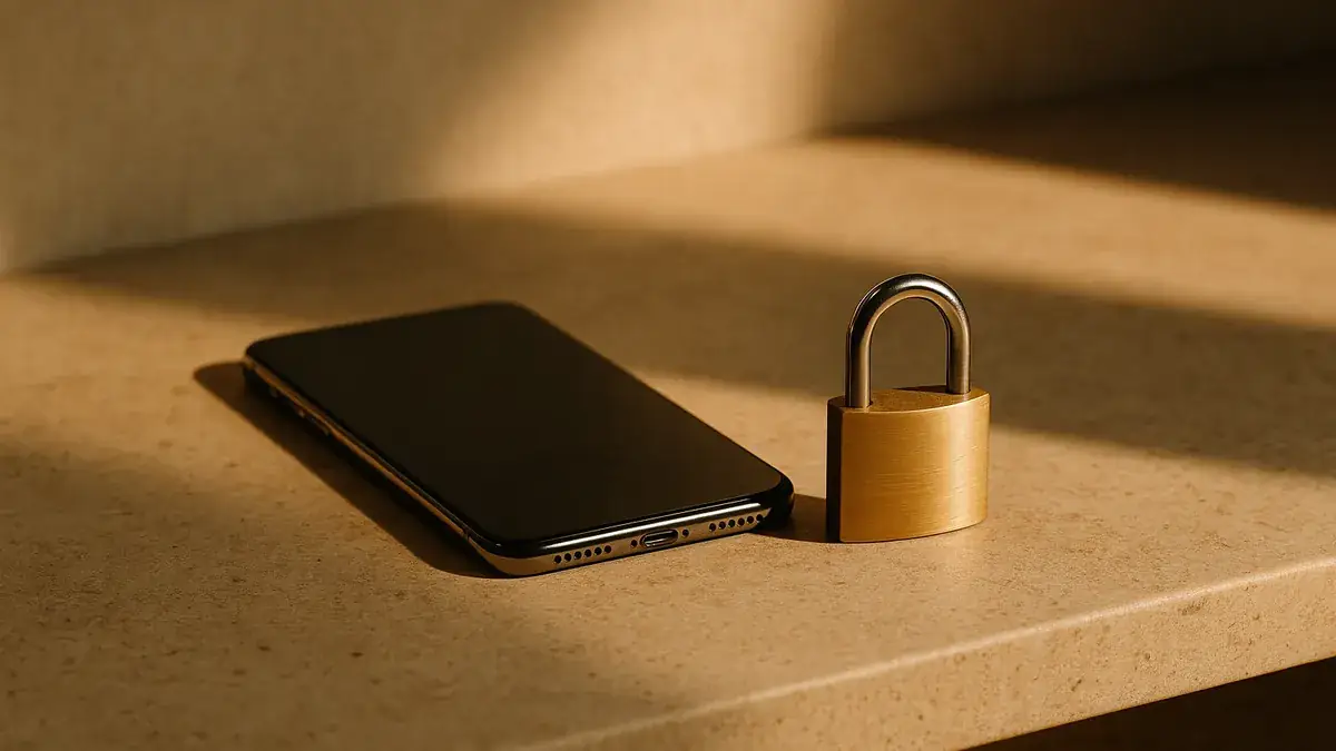 A smartphone face-down beside a small brass padlock on a stone surface, suggesting caution