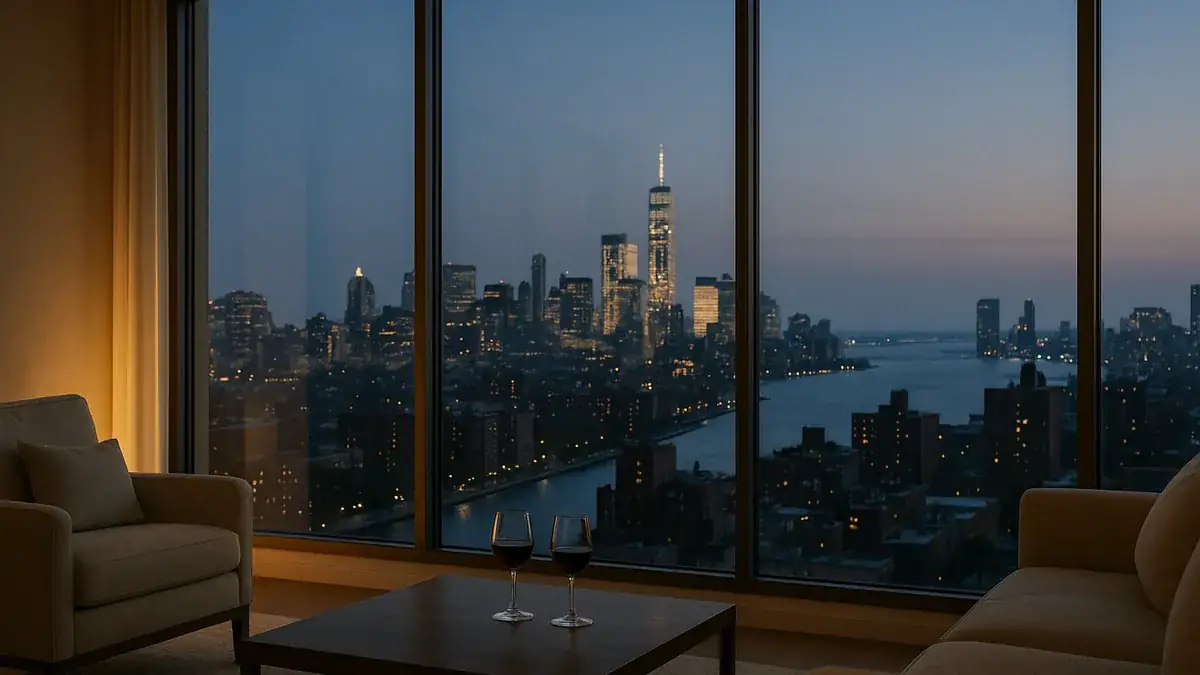 Calm penthouse view over a city skyline at blue hour with two wine glasses in the foreground