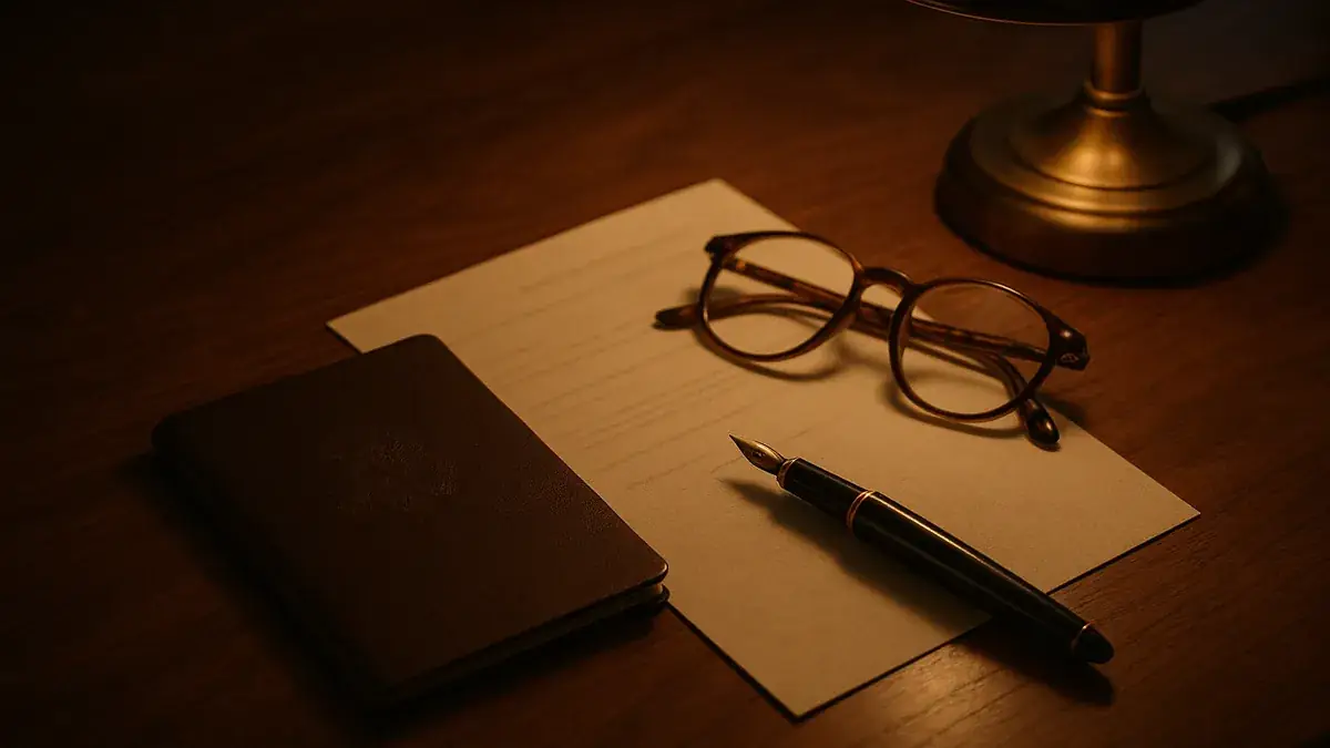 A passport, a document, reading glasses and a fountain pen on a walnut desk under a lamp, suggesting careful verification