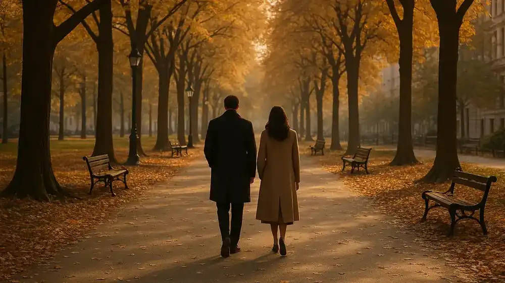 A couple walking far away along a tree-lined city park path in autumn golden light, backs turned